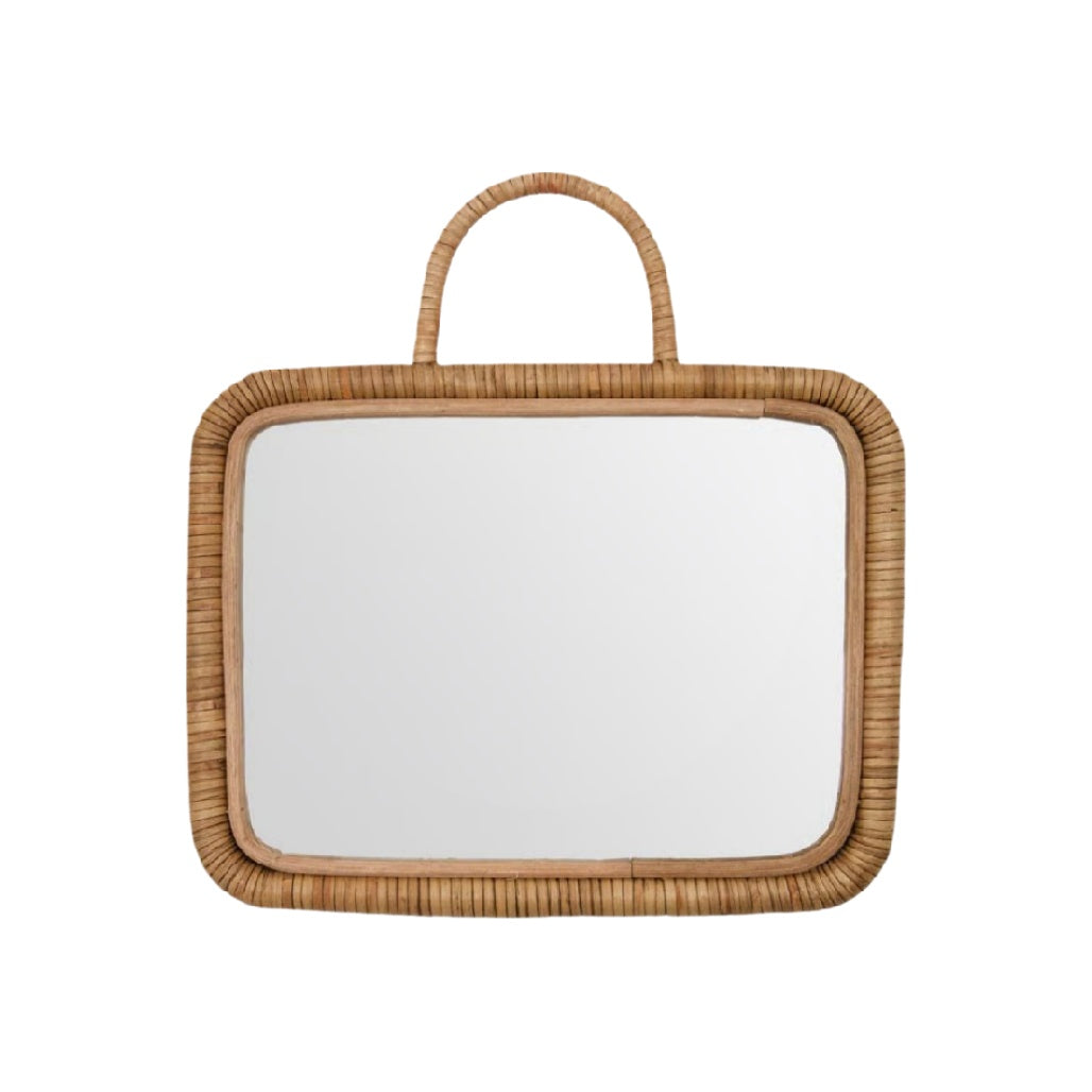 Woven Rattan Wall Mirror with Handle - Rustic Home Decor**