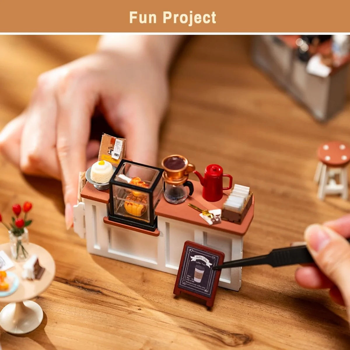 Miniature Wooden Cafe Kit with Lights, Furniture and Accessories